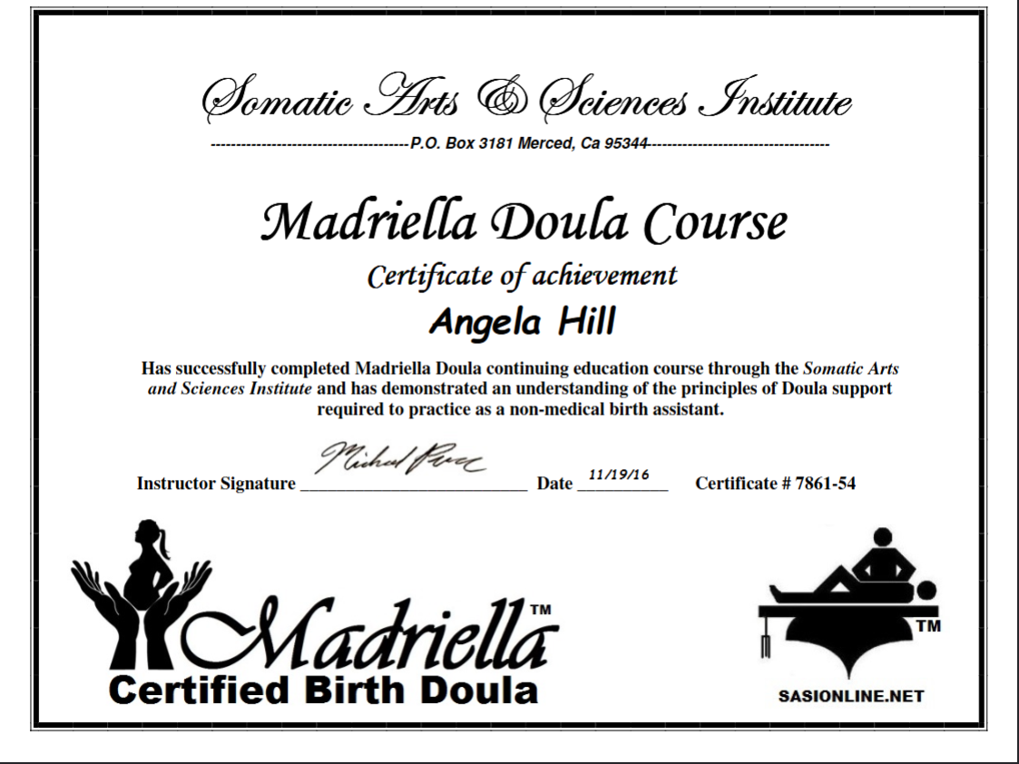 Doula Certificate re-issued 11/19/2018, #7861-54 (Madriella)