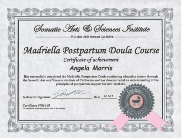 Postpartum Doula Certificate issued 2/1/2015, #7861-53 (Madriella)