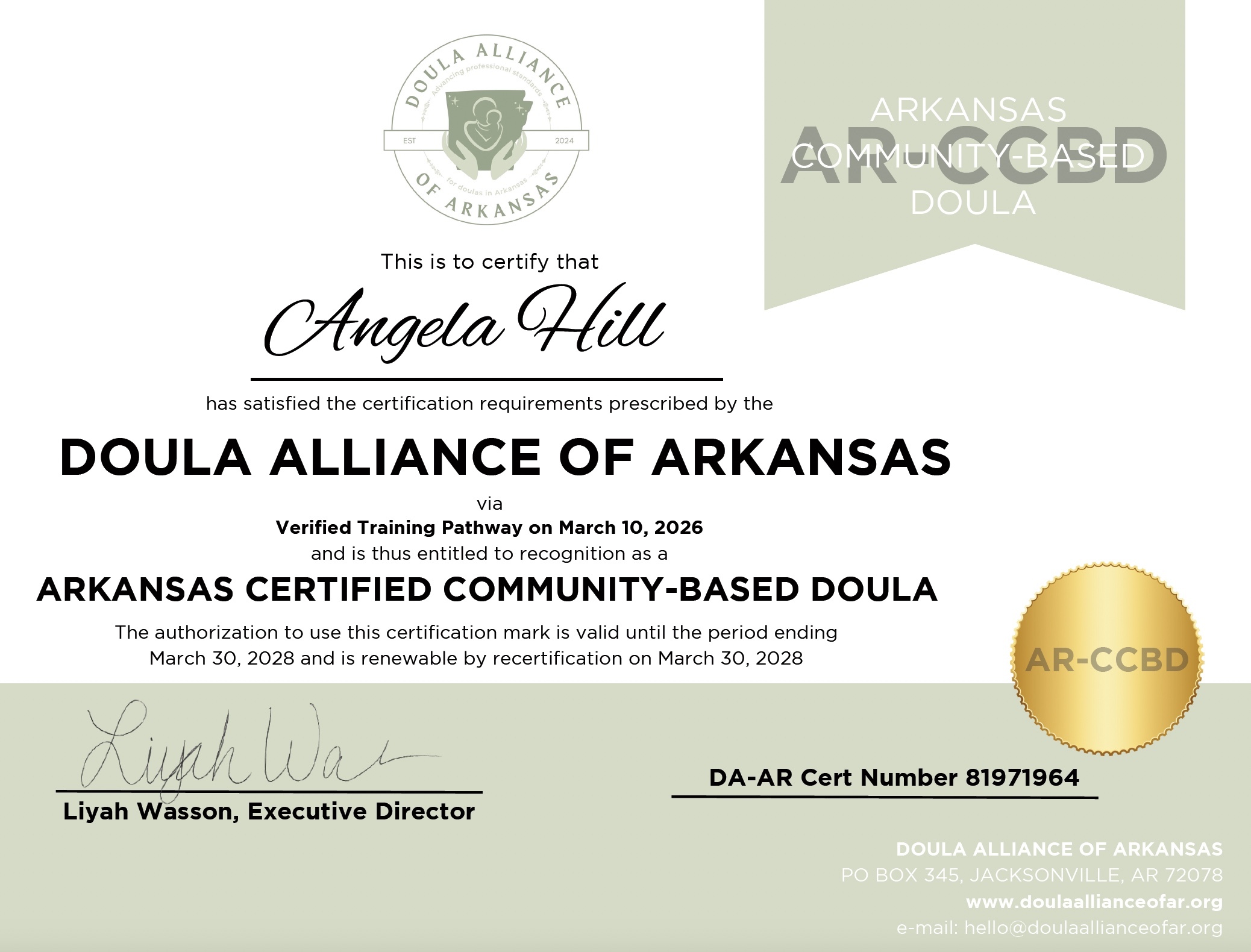 DA-AR AR-CCBD certificate for Angela Hill, valid through March 30, 2028